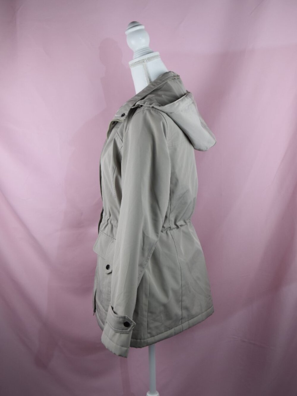 London Fog Beige/Gray Hooded Drawstring Waist Utility Jacket | Size S - Picture 4 of 8